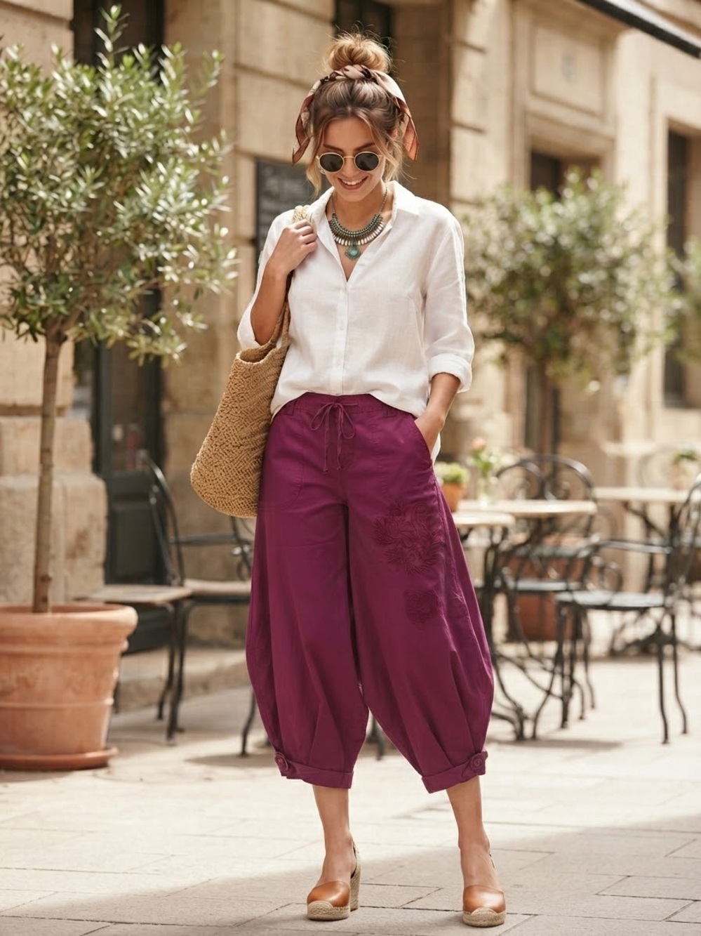 Laura Scott Plum Cotton Cropped Wide Legged Embroidered Drawstring Pants